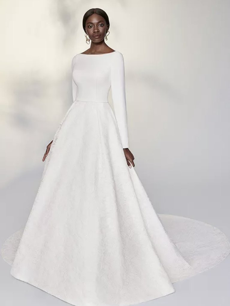 a-line long sleeve dress with cathedral train