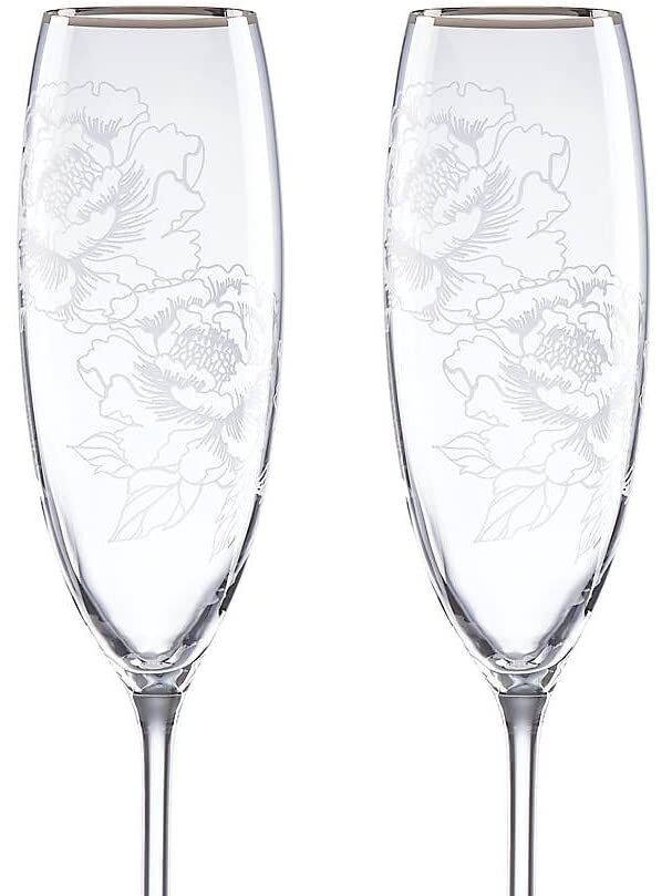 elegant engraved wedding champagne flute with peony design and silver plating