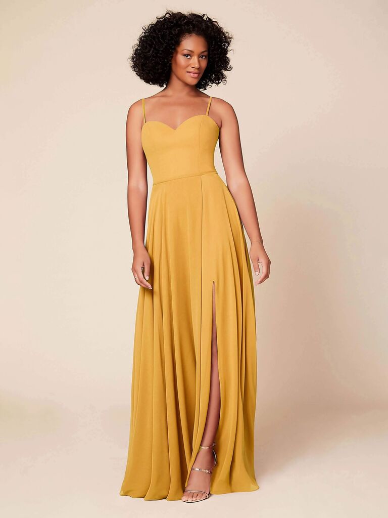 Dear Cleo fall-colored bridesmaid dress in yellow-orange hue 