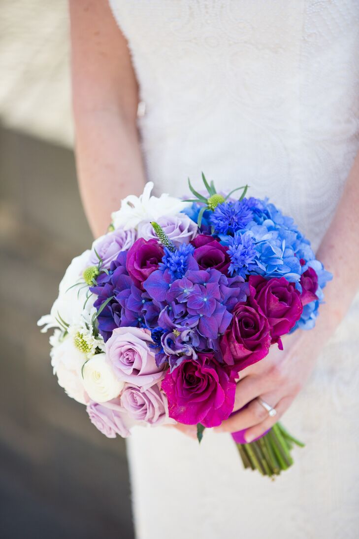 For the bride's bouquet, florist Anthony Brownie enhanced the ombre theme by incorporating shades of blue and purple hydrangeas fading to white hydrangeas.