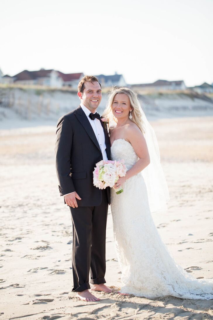 Ryan fell in love with the casual sophistication of this Jim Hjelm dress. Its strapless neckline, classic silhouette and lace detailing made it formal enough for their wedding, but also laid-back enough for their beach wedding in Corolla, North Carolina.