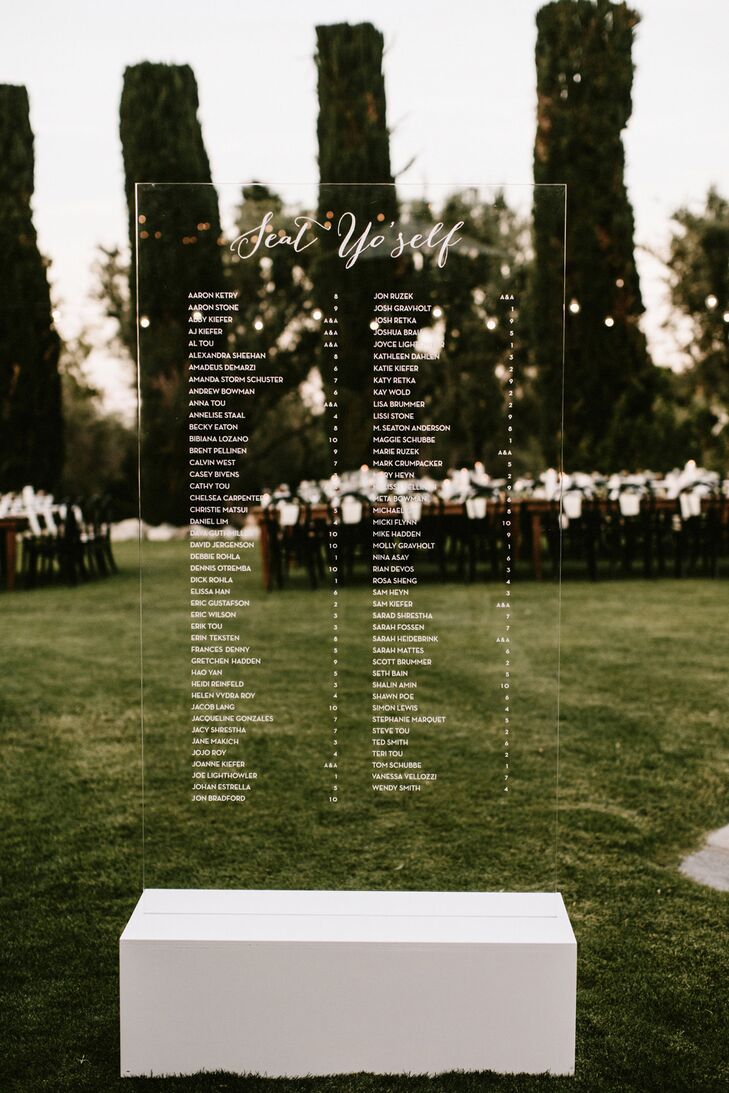 Two clear acrylic panels were calligraphed with guest names and their corresponding table numbers.