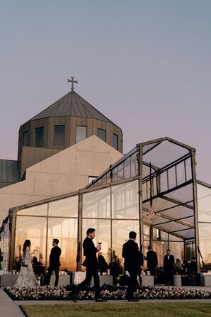 Guests Walking Into Ceremony Tent at Sunset at Hall of Lights in Carrollton, Texas
