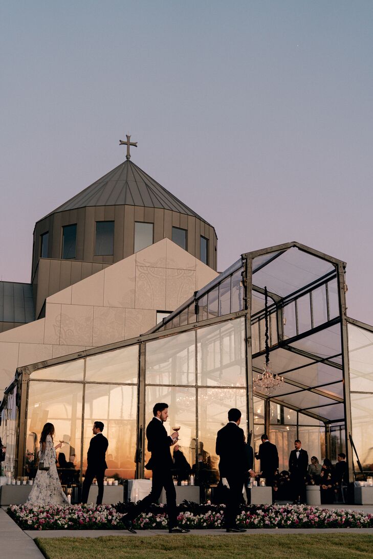 Guests Walking Into Ceremony Tent at Sunset at Hall of Lights in Carrollton, Texas
