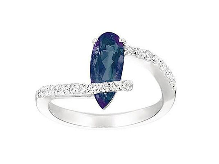 chatham alexandrite engagement ring with pear shaped alexandrite gemstone and curved round diamond white gold band