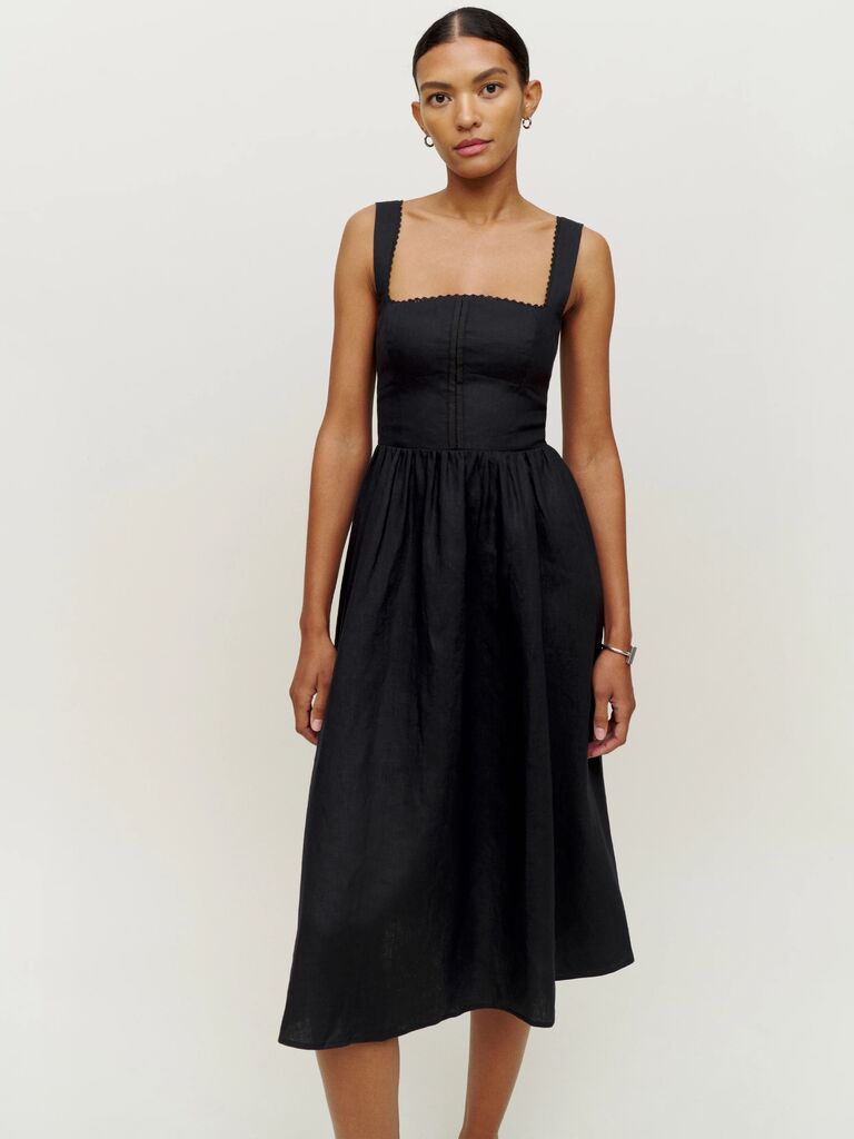 semi-formal black linen dress for spring wedding guest attire