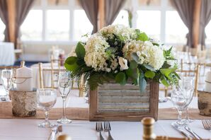 Rustic Centerpiece with White Hydrangeas