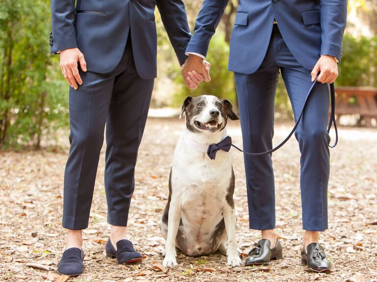 Grooms posing with dog wearing a bow tie. 