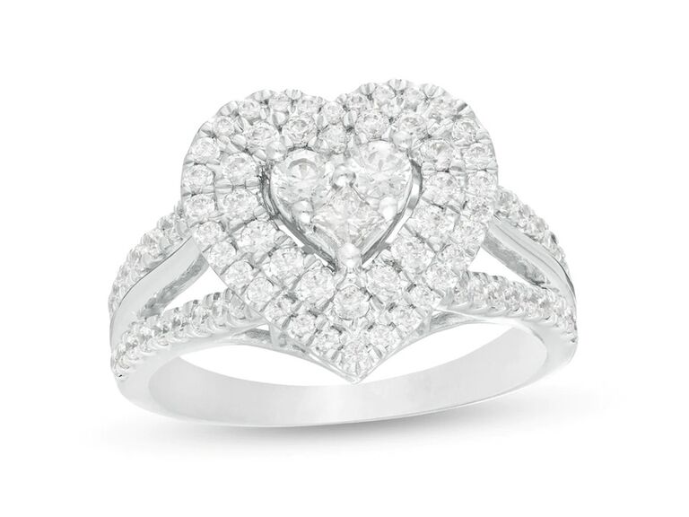 zales diamond heart shaped engagement ring with heart shaped round diamond double halo and double round diamond split shank