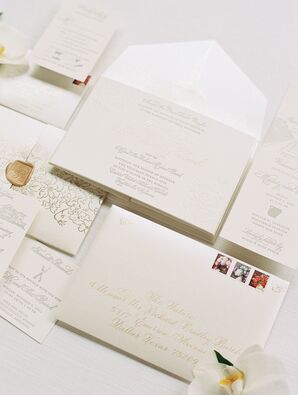 Formal, White-and-Gold Wedding Invitation Suite With Calligraphy