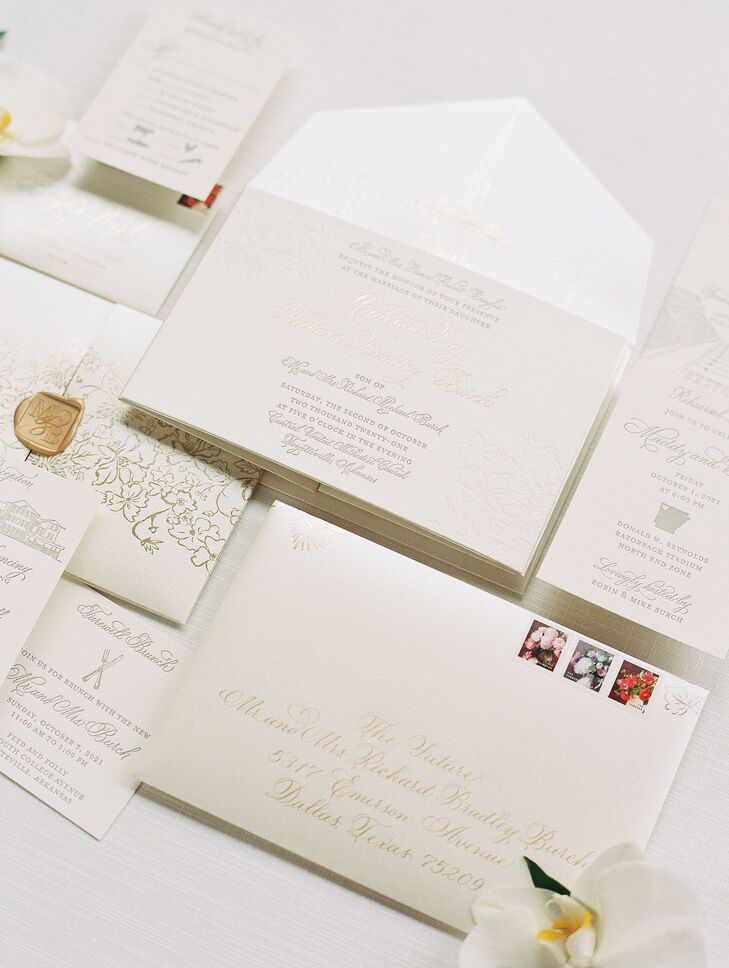 Formal, White-and-Gold Wedding Invitation Suite With Calligraphy