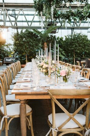 Romantic Dining Table with Taper Candles, Flower Centerpieces and Cross-back Chairs