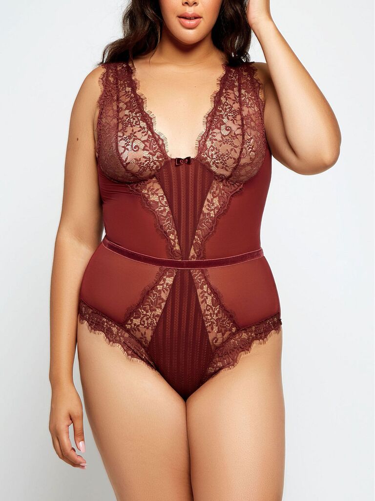 rust colored bodysuit with lace