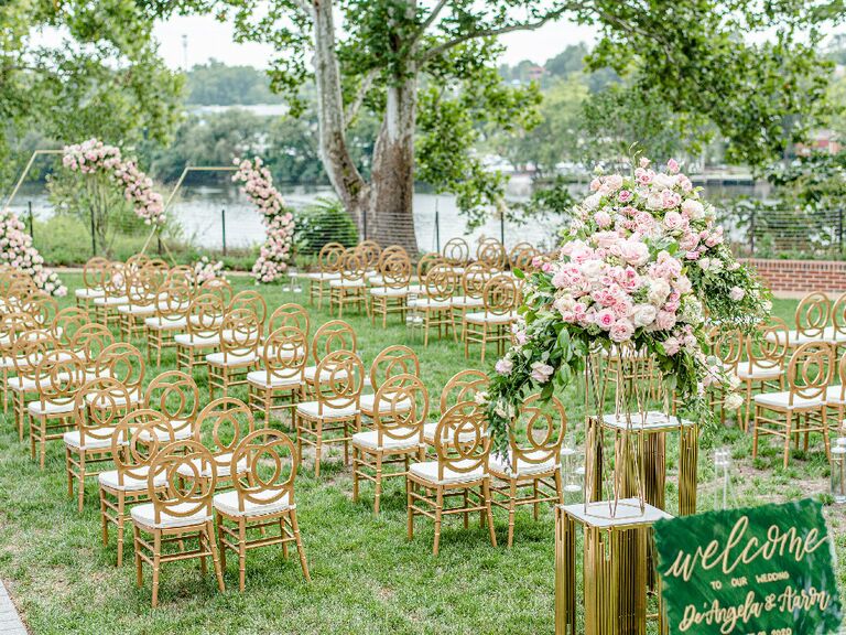 Gold art deco chairs at glam outdoor wedding reception