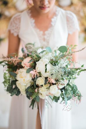 Bridal Bouquet of Baby's Breath, Garden Roses, Astilbe and Greenery