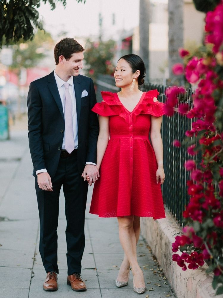 couple in cocktail attire for formal engagement photos