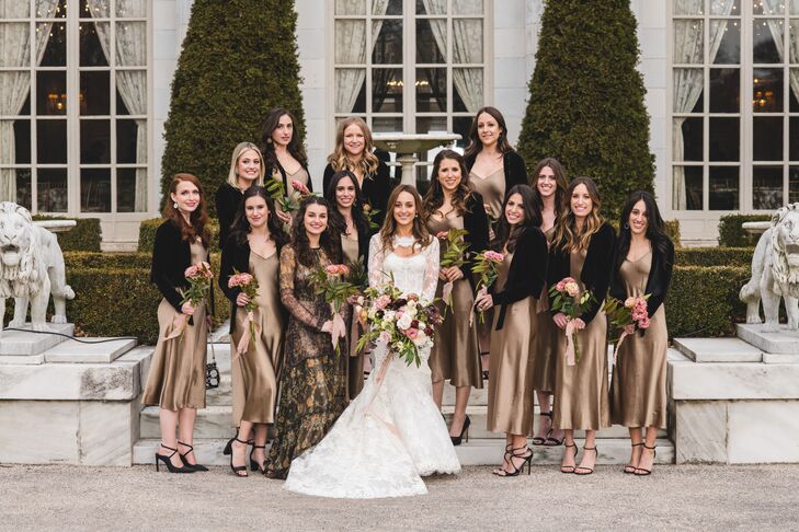 Champagne Slip Dresses and Black Velvet Wraps