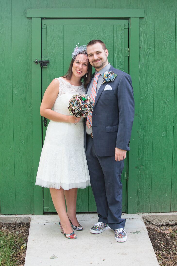 “I feel so lucky to have found my wedding dress, and the whole process was completely stress free and easy,” says Rebecca. “I knew I wanted a shorter, cocktail style wedding dress, in order to show off my shoes, which were decoupage in comic book pages.”