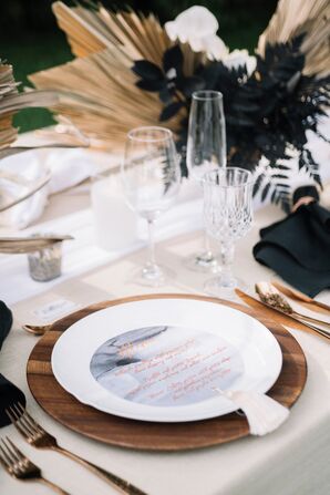 Place Setting With Wood Charger and Marble-Inspired Menu