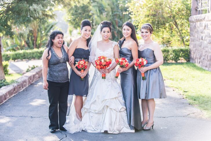 "I liked that my bridesmaids would be able to show off their own style and personality. Surprisingly, all of their dresses matched," says Chantley.