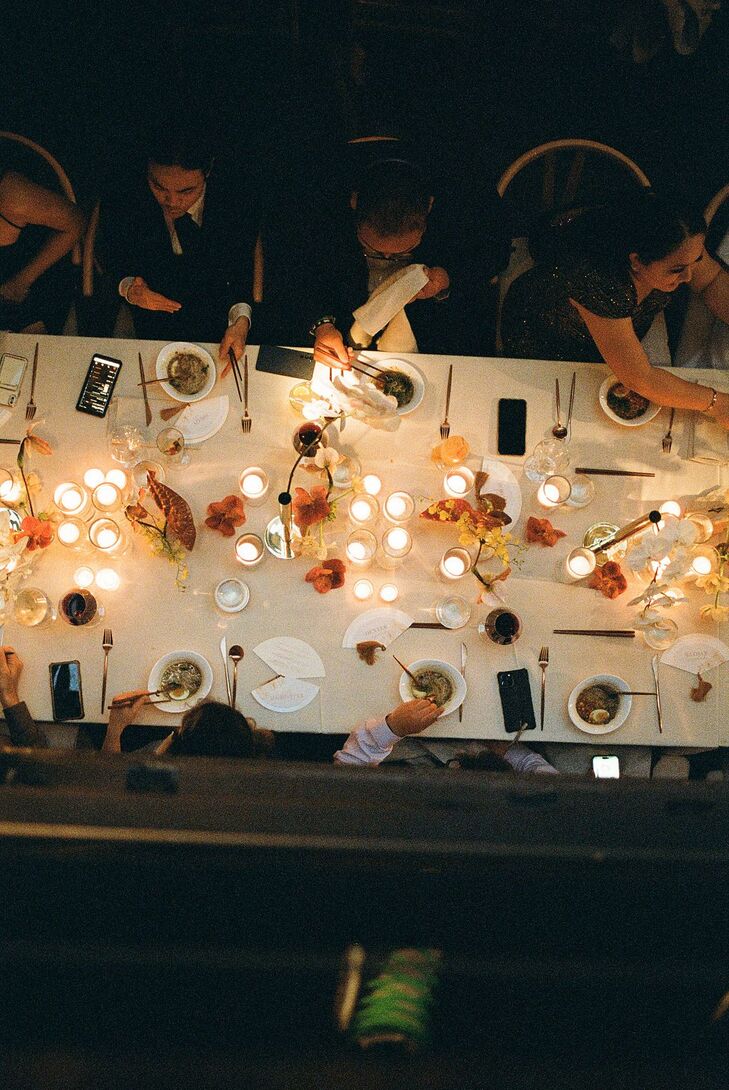 Photo From Above, Long Dining Table With Candles, Neutrals, Guests Eating