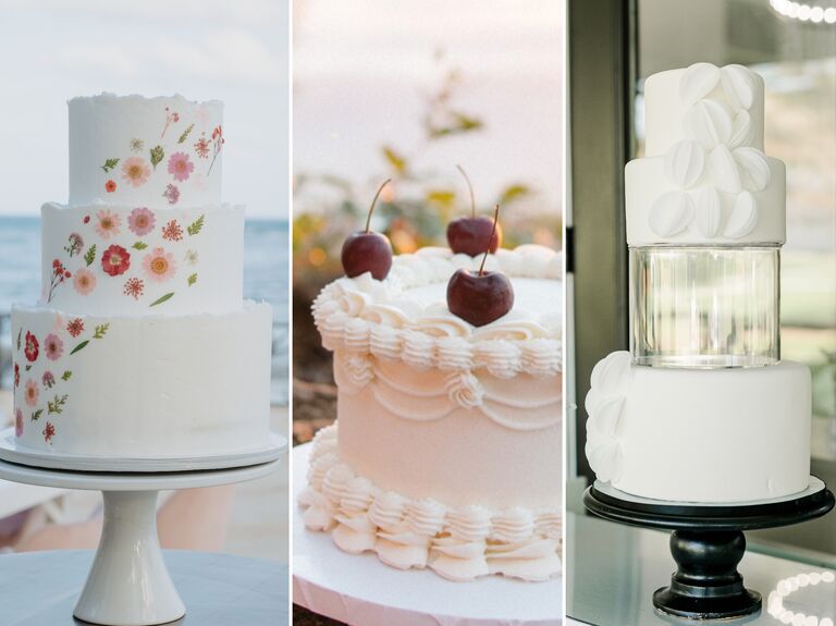  collage of 2023 wedding cake trends including pressed flower wedding cake, vintage lambeth wedding cake and modern wedding cake with glass tier separator