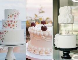  collage of 2023 wedding cake trends including pressed flower wedding cake, vintage lambeth wedding cake and modern wedding cake with glass tier separator