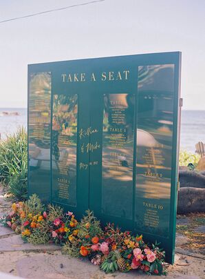 Emerald Green Seating Chart Display With Gold Calligraphy and Tropical Flowers