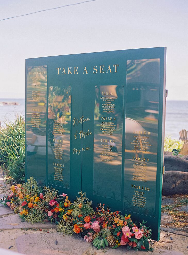 Emerald Green Seating Chart Display With Gold Calligraphy and Tropical Flowers
