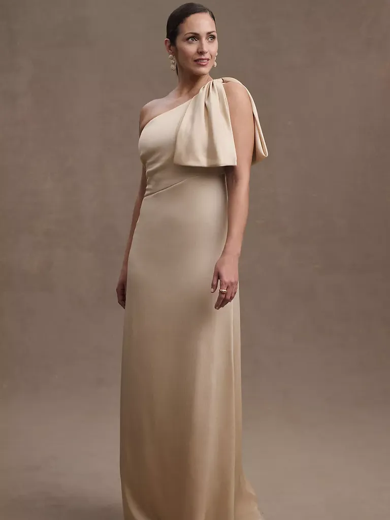 One shoulder champagne silk gown for older brides