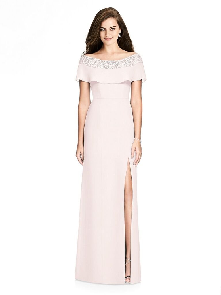 Blush lace off the shoulder bridesmaid dress