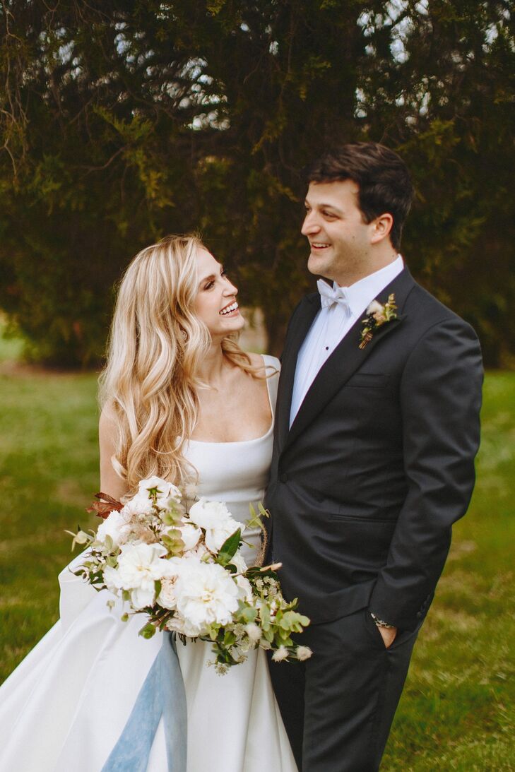 Classic Couple with Silk Dress, Black Tuxedo and White Bouquet