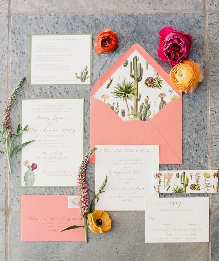 "Our invitations set the tone of what our Arizona wedding would be like, including details of cactus and our palette. We used similar detail on our menu cards and ceremony cards," Kelsey says.