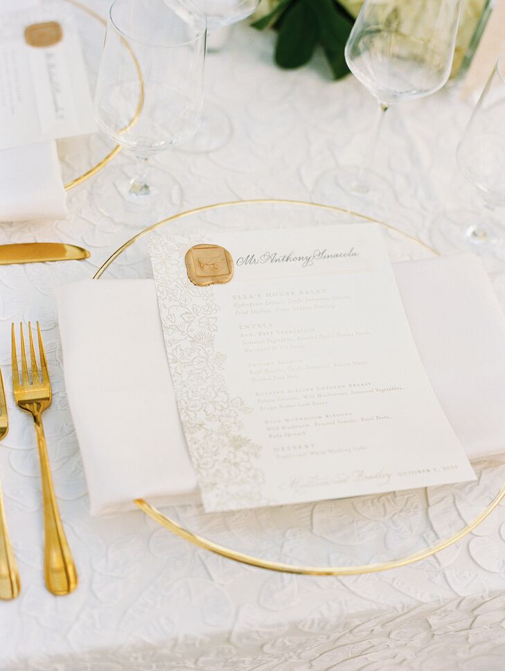 Glass Charger Plate With Gold Rim, Gold Flatware and Elegant Menu