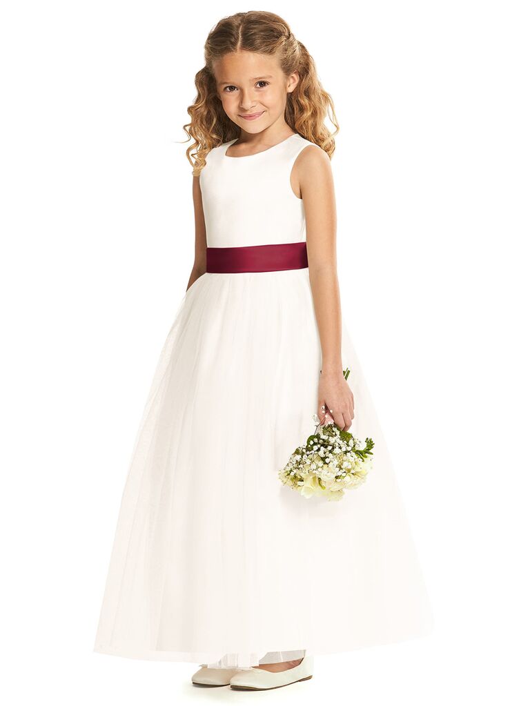 White Flower Girl Dresses with Dark Burgundy Sash