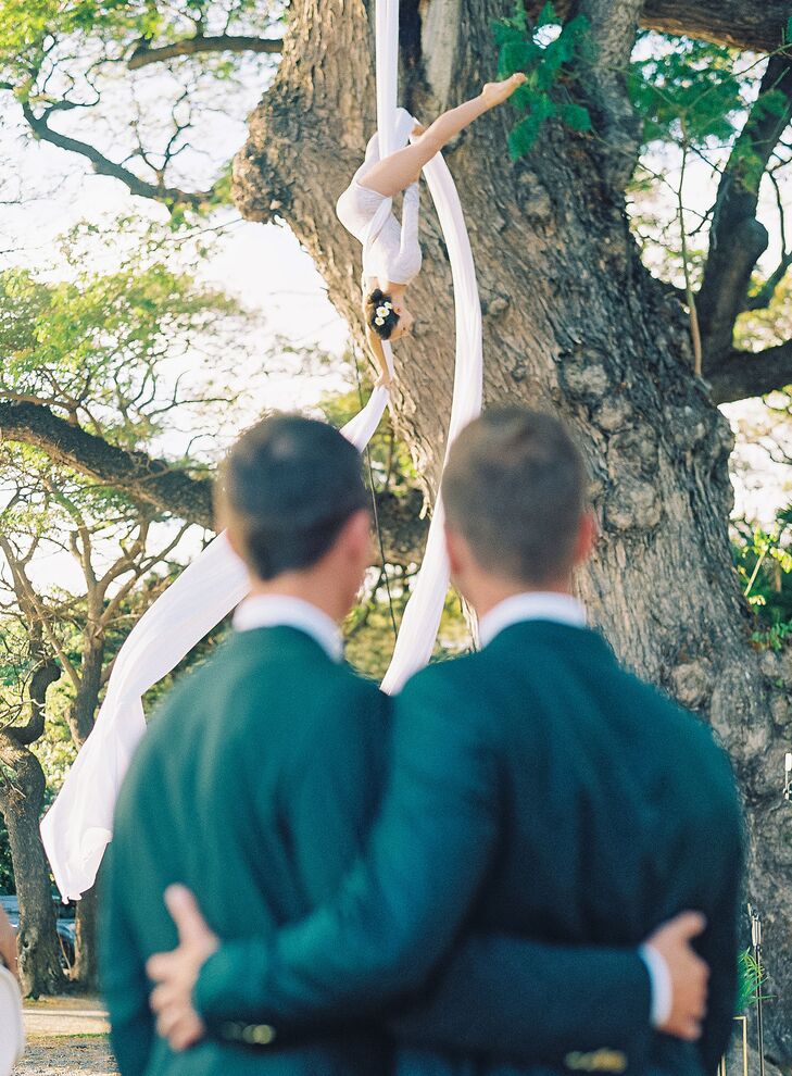 Two grooms in matching emerald suits embrace and watch the aerial silk performer at their Maui wedding's cocktail hour suspended front a large tree entertaining their guests