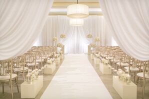 Glamorous Ceremony with White Drapes, Modern Aisle Decorations and Floating Candles