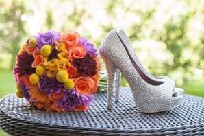 Colorful Bouquet and Silver Rhinestone Shoes