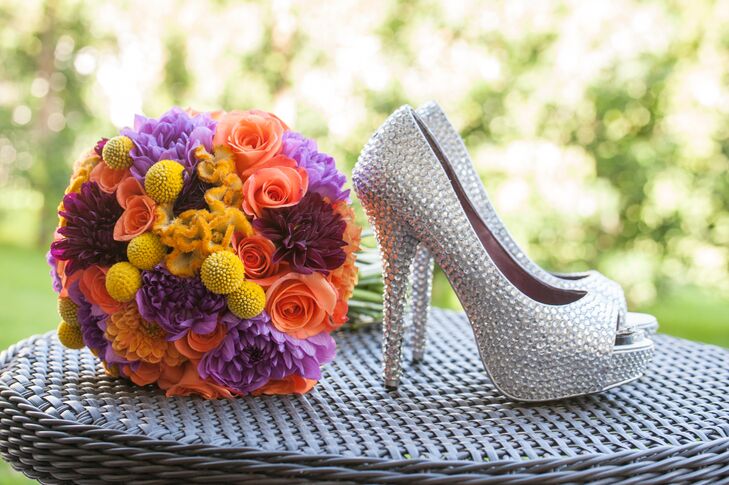 Colorful Bouquet and Silver Rhinestone Shoes