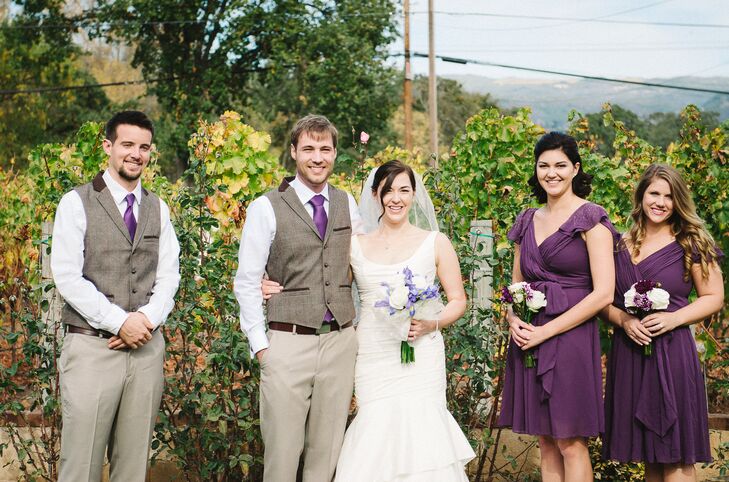 The bridesmaids chose their own purple dresses from David's Bridal. Adam and his Best Man wore slacks, a button down shirt, vest and tie to be casual and comfortable outdoors.