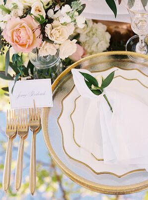 White-and-Gold Place Settings for Reception at Carneros Inn in Napa, California
