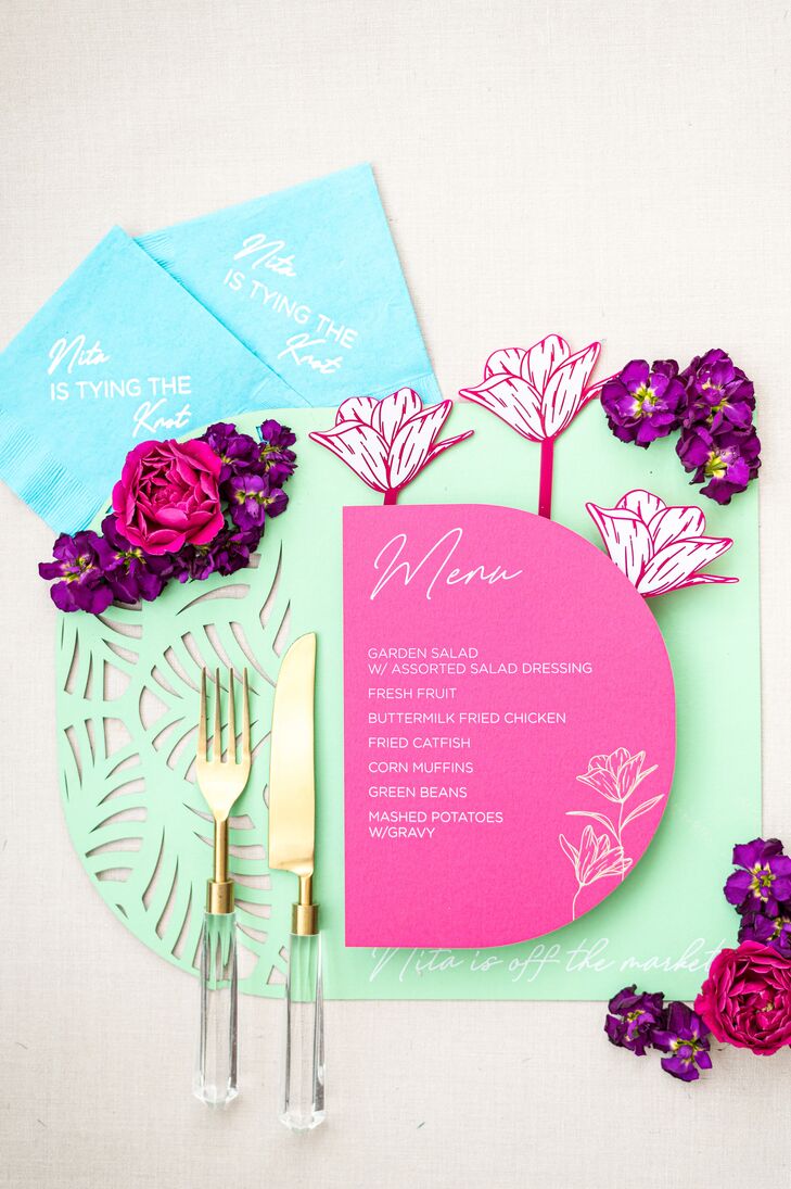 Hot Pink Dinner Menu With Turquoise Mat, Blue Napkins and Bright Flowers