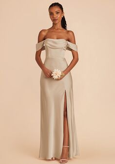 Birdy Grey Mia Matte Satin Dress in Neutral Champagne Scoop Bridesmaid Dress