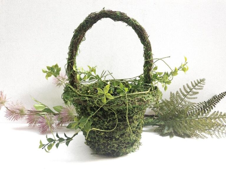 faux moss-covered flower girl basket