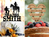Collage of two rustic wedding cake toppers
