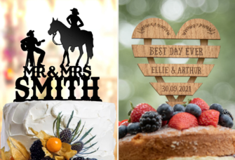 Collage of two rustic wedding cake toppers