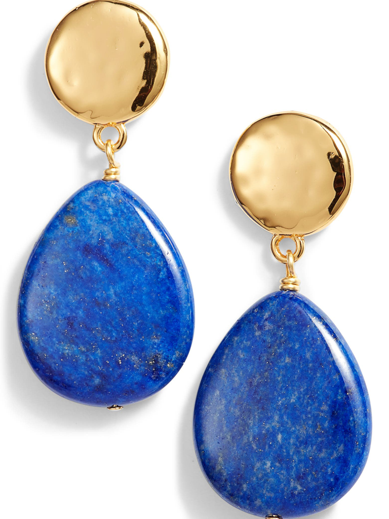 Lapis tear drop earrings attached to gold round studs