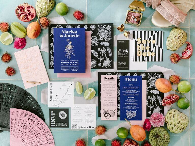 modern black and white wedding invitation suite with royal blue accents