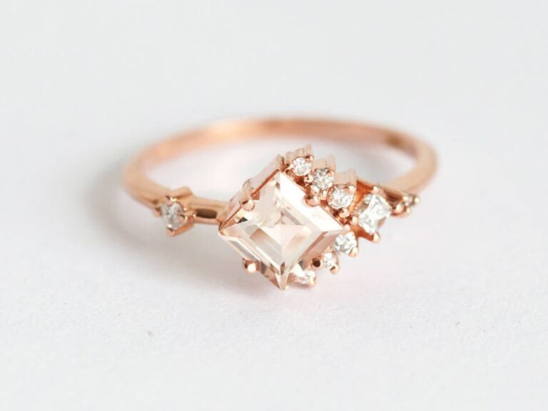 Capucinne princess-cut pink tourmaline ring with diamond cluster in rose gold
