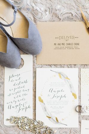 Neutral and Gold Invitation Suite With Feathers